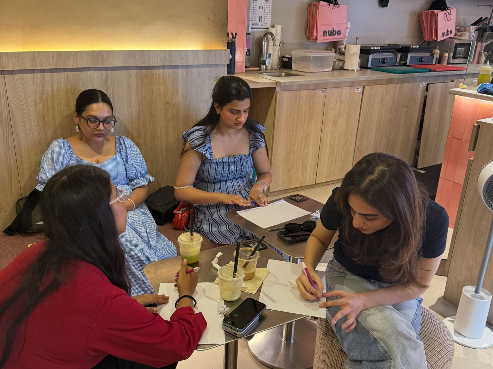A Sunday brunch table mid-conversation